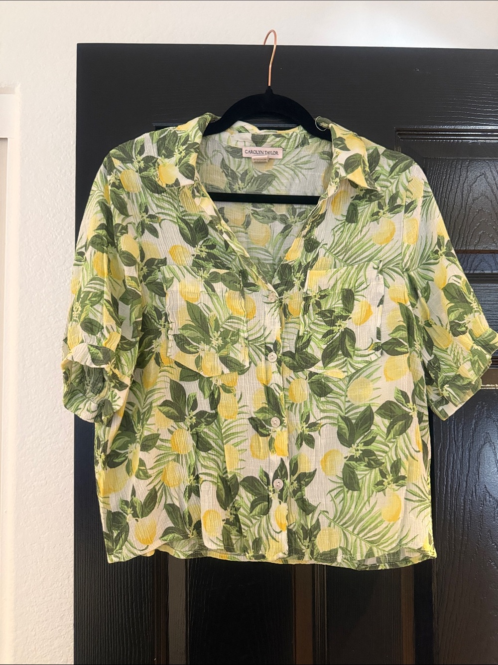Carolyn Taylor Lemon Print Short Sleeve Button Down Top - Yellow & Green